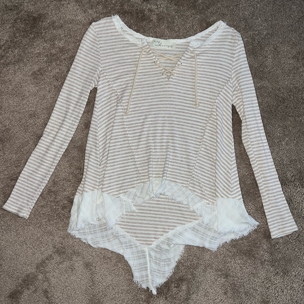 Vintage Havana Striped Sweater with Lace Up V-Neck